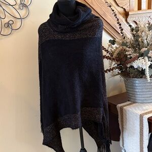 Chic Black Knit Poncho with Fringe